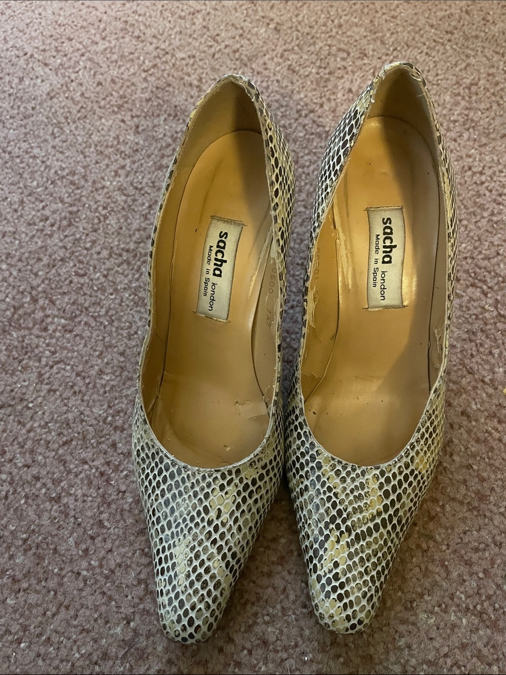 Sacha London Cream and Brown Snake-Print Pointed Toe Pumps